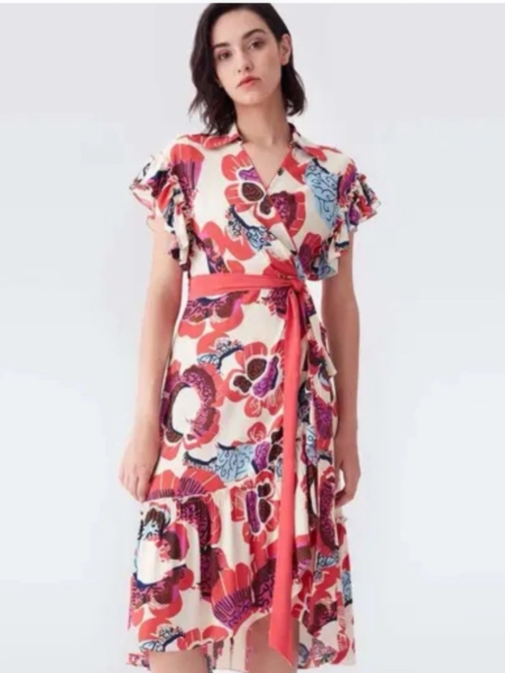 DIANE VON FURSTENBERG Ruth Crepe Midi Wrap Dress In Wax Cloth Ivory Size XS